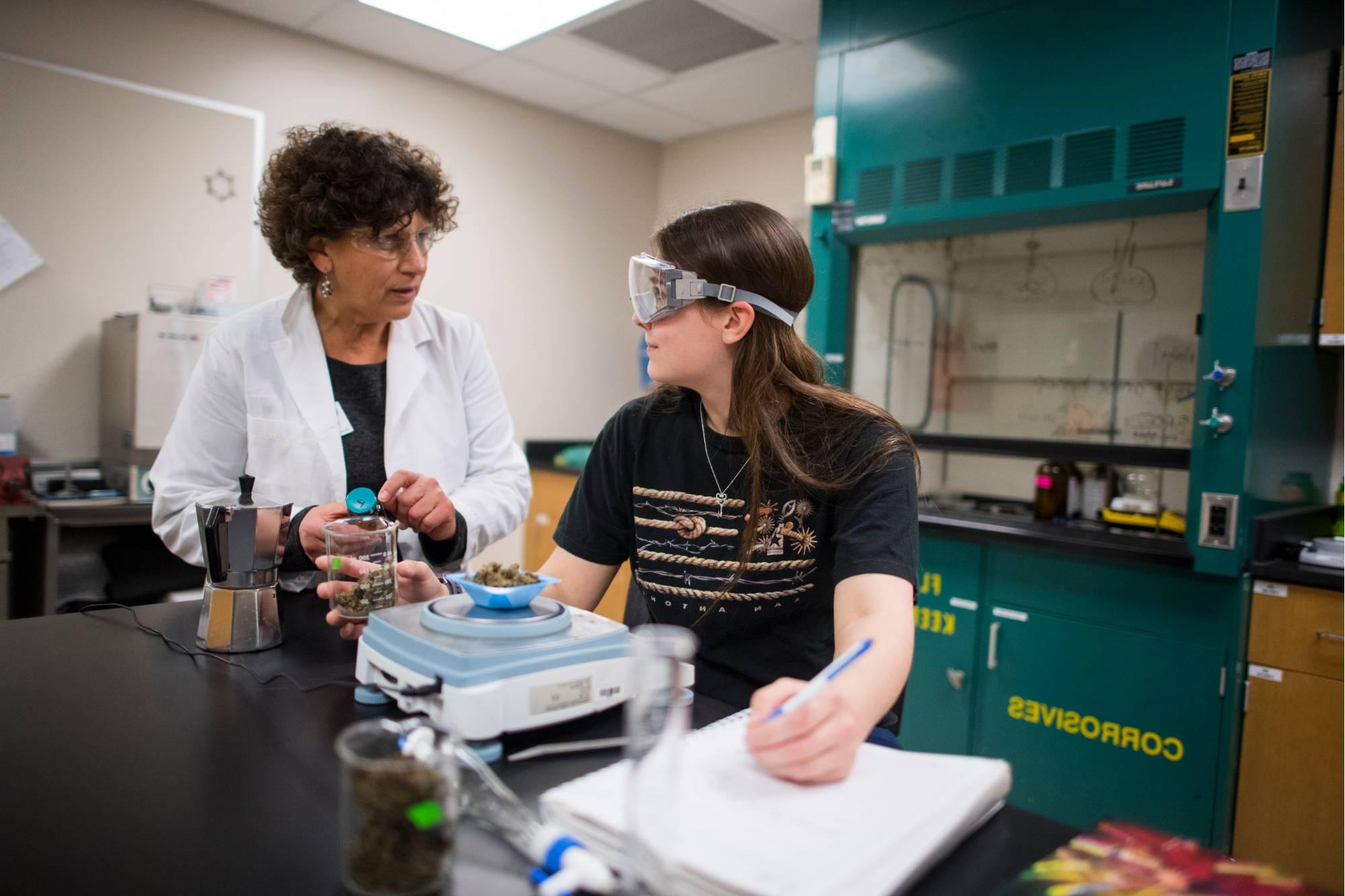 一名GVSU学生在Grand Valley的一个科学实验室里和一位教授一起学习.